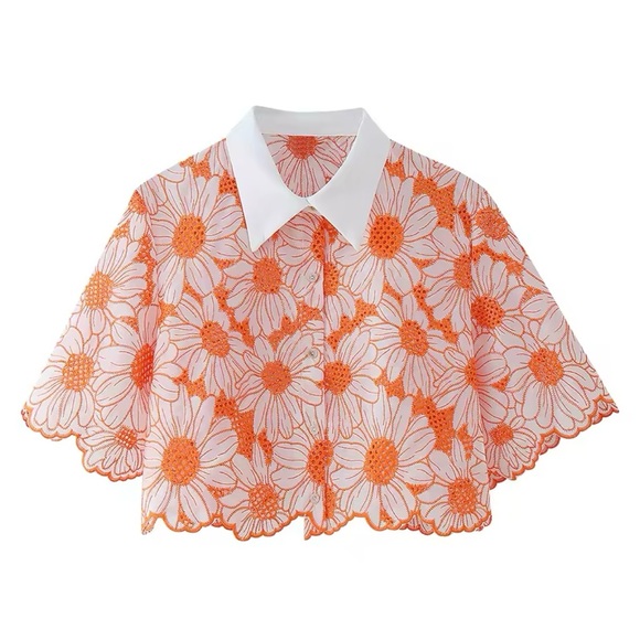 Orange Sunflower Button Up Crop Top - Picture 1 of 4
